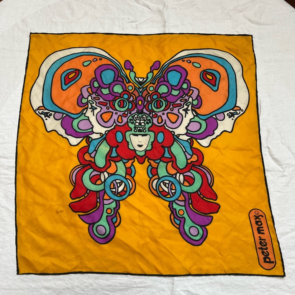 Peter Max Scarf Vintage 1970s Butterfly Psychedelic Vivid Color Gold Silk?